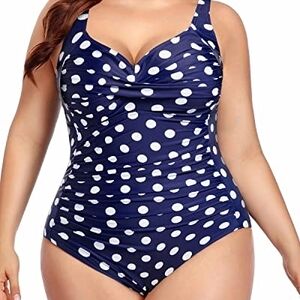 YONIQUE Navy Blue Polka Dot Ruched One Piece Swimsuit Plus Size 14W Built-In Bra